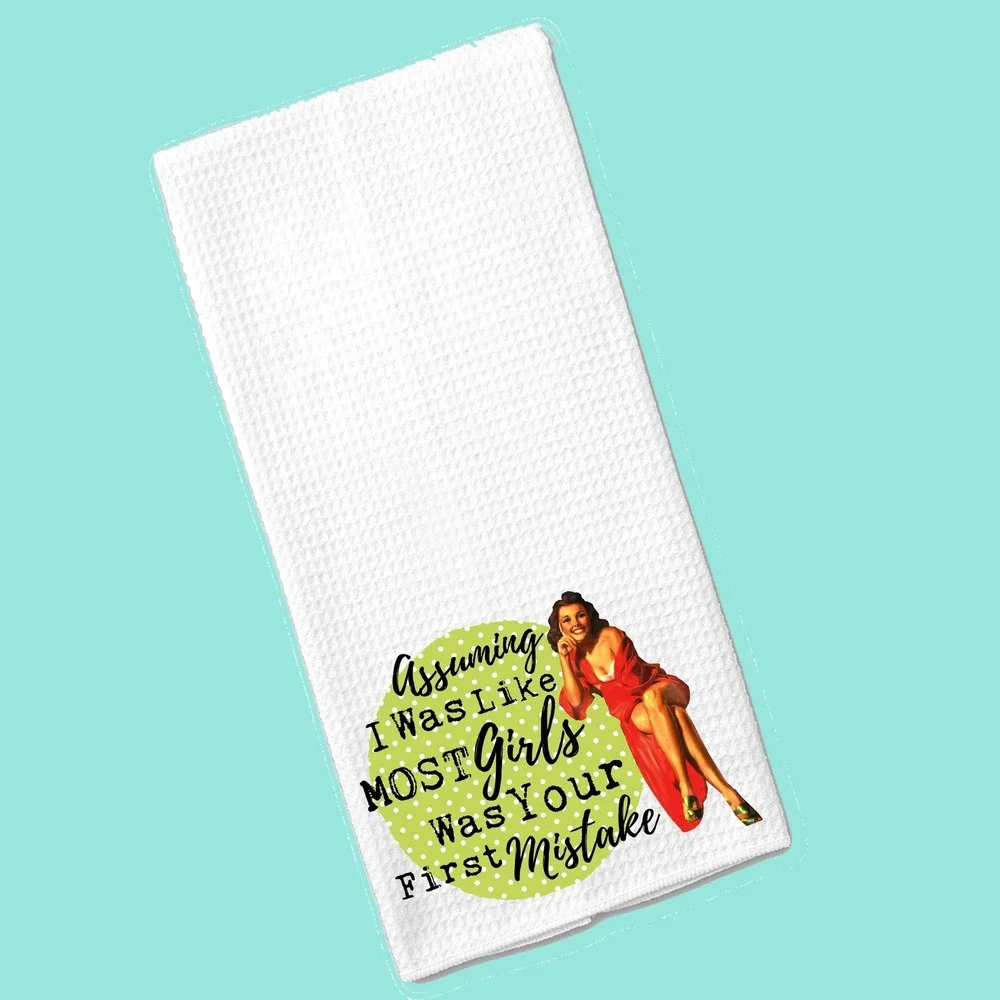 Retro Pinup Girl Waffle Weave Kitchen Towel Sassy Sarcastic Quote White 16x24